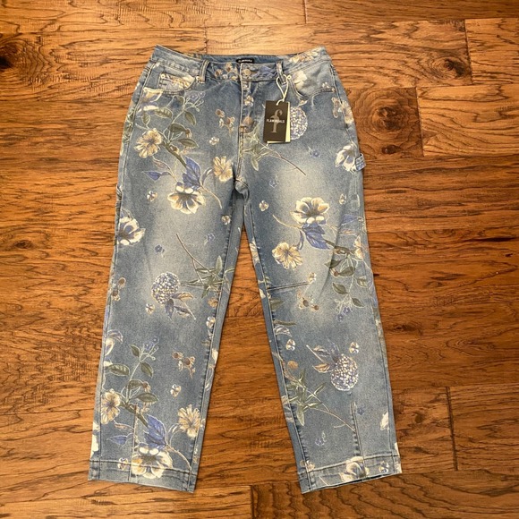 Flamingals Denim - Flamingals Floral Carpenter Jeans Women 30 Blue Straight Leg Utility High Rise